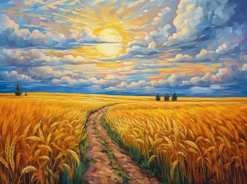 日落夕阳下的麦田风景油画,插画/手绘图,插画/手绘图库,插画/手绘图下载,插画/手绘